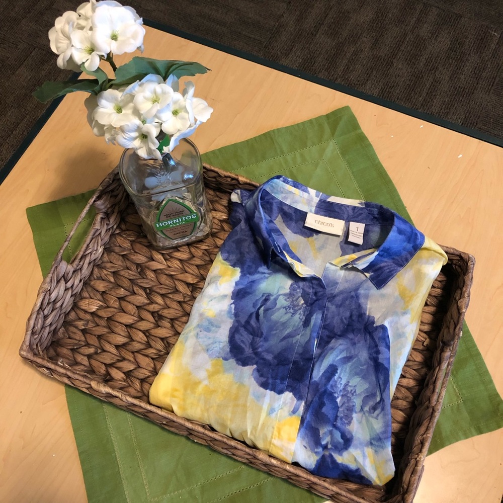 blue and yellow floral blouse